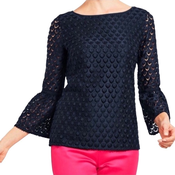 Talbots RSVP Collection Lace Eyelet Bell Sleeve Top Popover Navy Blue Medium - Picture 1 of 9